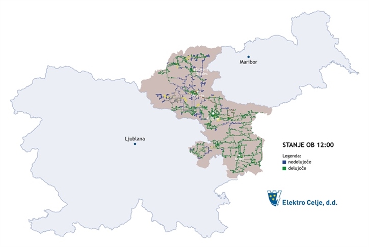 Na celotnem območju Elektra Celje ob 16. uri brez napajanja 15.100 odjemalcev